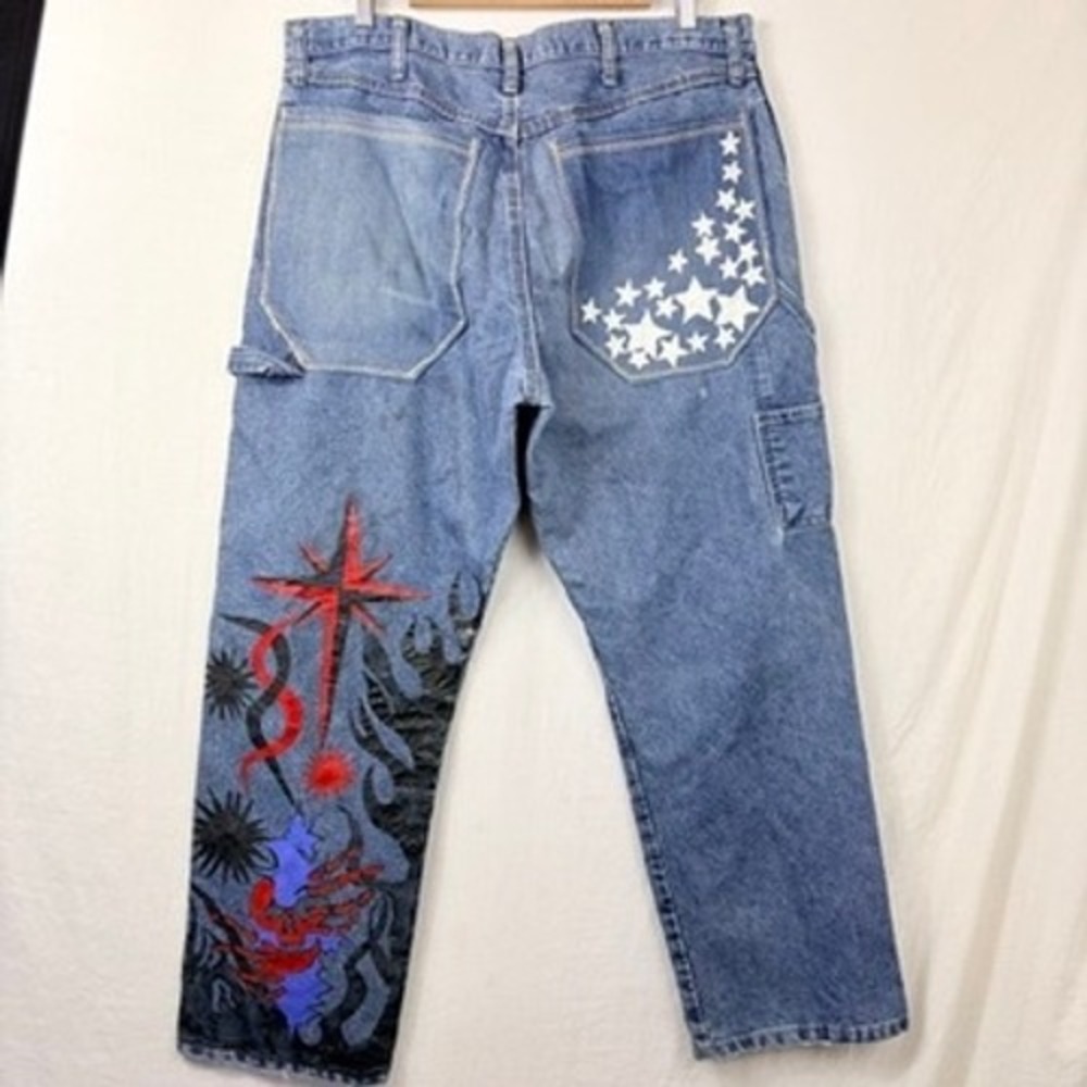 Custom Hand Painted Star Carpenter Jeans 36x30 Distressed Y2K‎ Grunge Skater